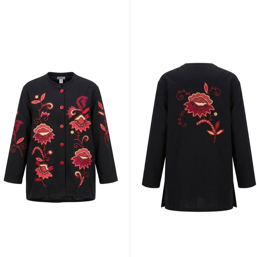 Indigo Moon Black Embroidered Crew Neck Lined Jacket Women Size 3X